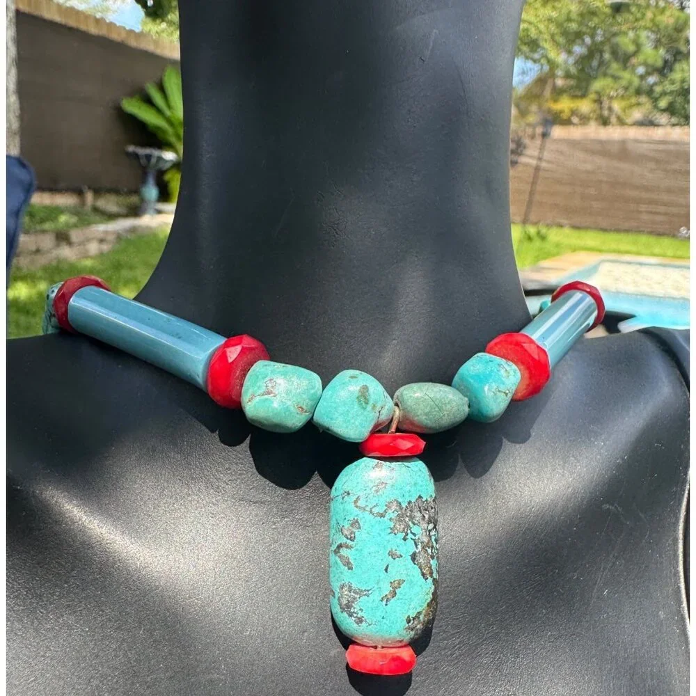 Vintage Native American Turquoise & Coral Beaded Necklace W Center Stone Pendant - Picture 5 of 8